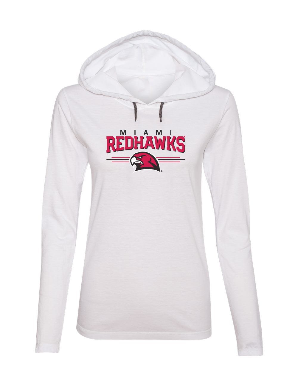 Women's Miami University RedHawks Long Sleeve Hooded Tee Shirt - Hawk Head 3-Stripe