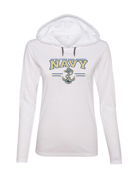 Women's Navy Midshipmen Long Sleeve Hooded Tee Shirt - U.S. Navy 3 Stripe Anchor Logo