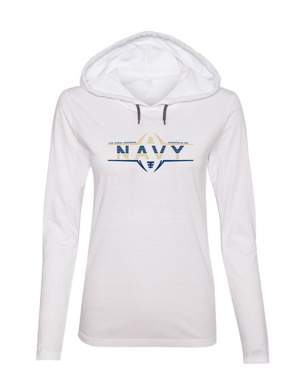 Women's Navy Midshipmen Long Sleeve Hooded Tee Shirt - Navy Football Laces