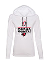 Women's Omaha Mavericks Long Sleeve Hooded Tee Shirt - Omaha Mavericks with Bull and Primary Logo on White