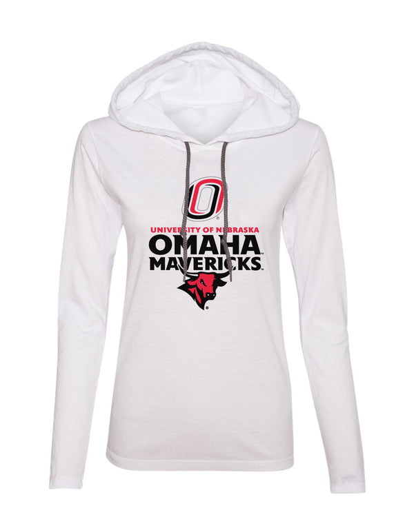 Women's Omaha Mavericks Long Sleeve Hooded Tee Shirt - Omaha Mavericks with Bull and Primary Logo on White