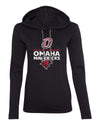 Women's Omaha Mavericks Long Sleeve Hooded Tee Shirt - Omaha Mavericks with Bull and Primary Logo on Black