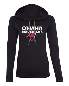 Women's Omaha Mavericks Long Sleeve Hooded Tee Shirt - Omaha Mavericks with Bull on Black