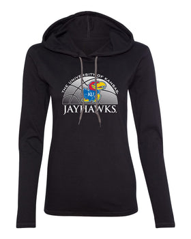 Women's Kansas Jayhawks Long Sleeve Hooded Tee Shirt - Kansas Basketball Primary Logo