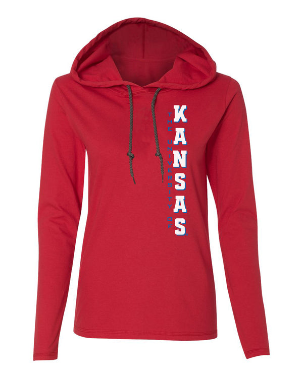 Women's Kansas Jayhawks Long Sleeve Hooded Tee Shirt - Vertical University of Kansas