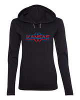 Women's Kansas Jayhawks Long Sleeve Hooded Tee Shirt - Kansas Football Laces