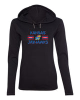 Women's Kansas Jayhawks Long Sleeve Hooded Tee Shirt - Horiz Stripe Rock Chalk