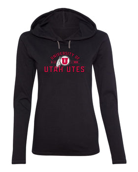 Women's Utah Utes Long Sleeve Hooded Tee Shirt - U of U Arch with Circle Feather Logo