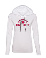 Women's Utah Utes Long Sleeve Hooded Tee Shirt - U of U Arch with Circle Feather Logo