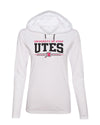 Women's Utah Utes Long Sleeve Hooded Tee Shirt - Arch UTES 3 Stripe Logo