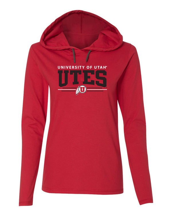 Women's Utah Utes Long Sleeve Hooded Tee Shirt - Arch UTES 3 Stripe Logo
