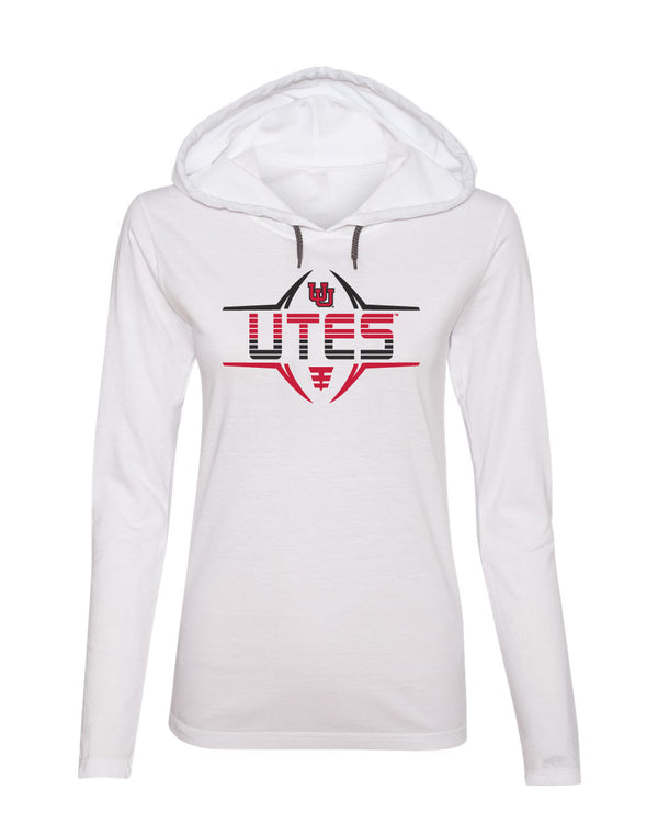 Women's Utah Utes Long Sleeve Hooded Tee Shirt - Striped UTES Football Laces