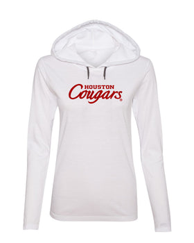 Women's Houston Cougars Long Sleeve Hooded Tee Shirt - Red Glitter Script Cougars