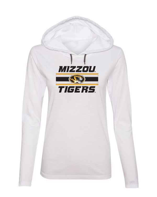 Women's Missouri Tigers Long Sleeve Hooded Tee Shirt - Horiz Stripe Mizzou Tigers