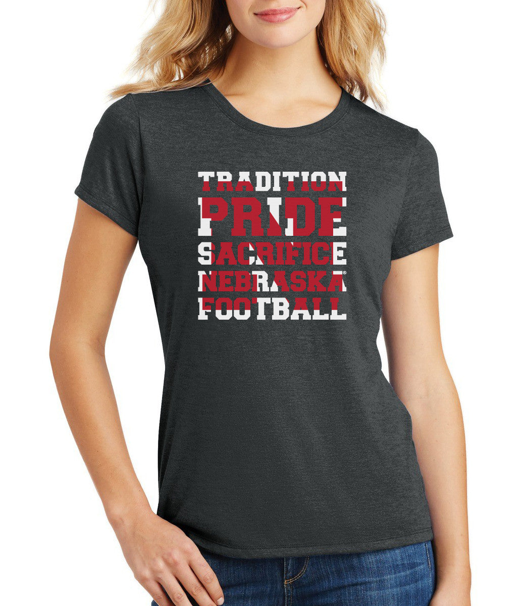 Women's Nebraska Cornhuskers Football "TRADITION PRIDE SACRIFICE" Premium Tri-Blend Tee Shirt