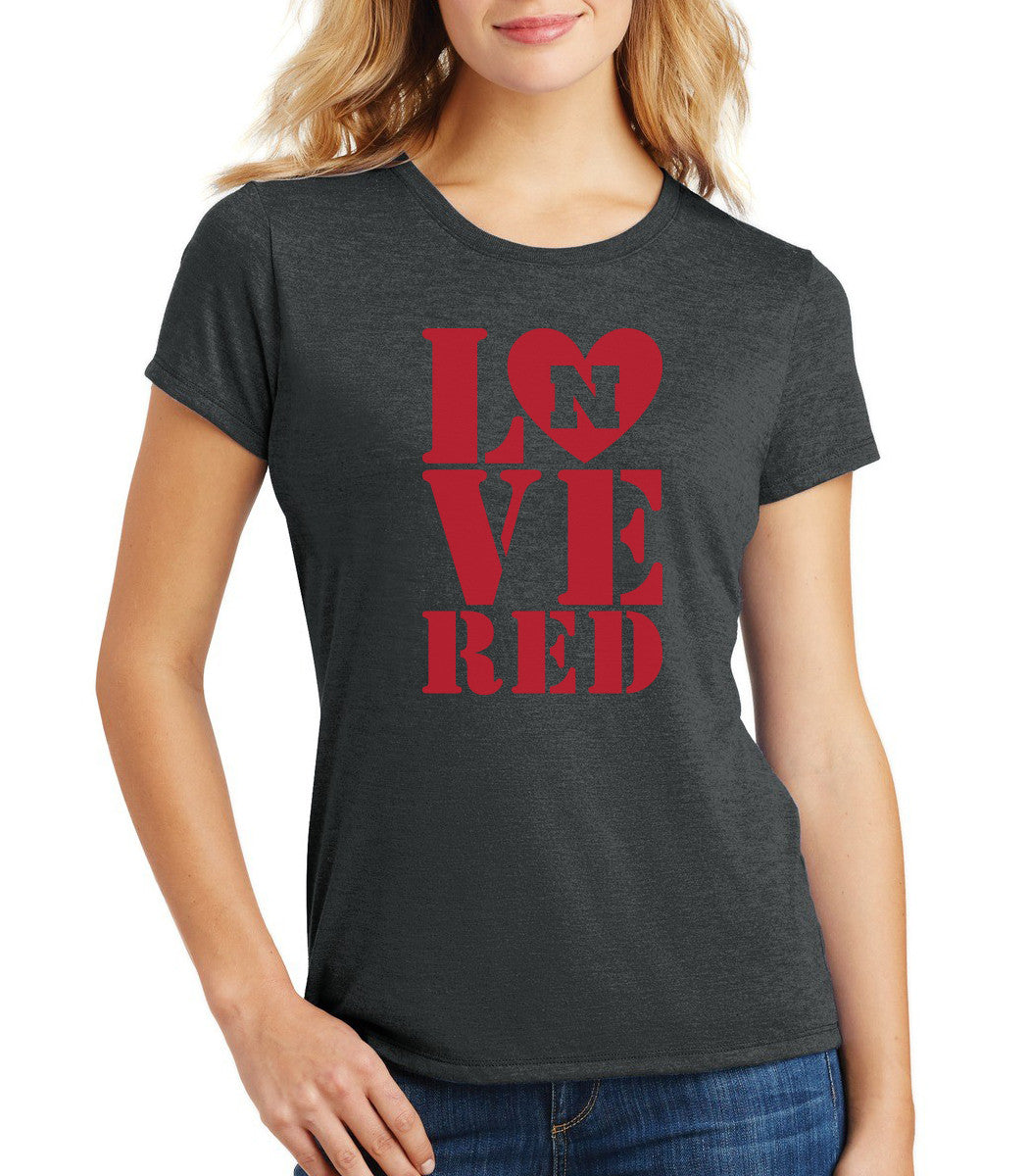 Women's Nebraska Cornhuskers Stacked LOVE N RED Premium Tri-Blend Tee Shirt