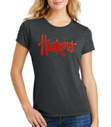 Women's Nebraska Cornhuskers Legacy Script Glitter "Huskers" Premium Tri-Blend Tee Shirt