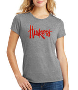 Women's Nebraska Cornhuskers Legacy Script Glitter "Huskers" Premium Tri-Blend Tee Shirt