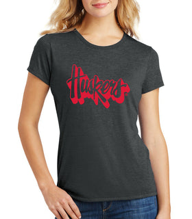 Women's Nebraska Huskers Premium Tri-Blend Tee Shirt - Red Script Huskers Outline
