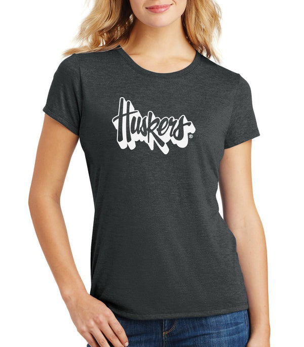 Women's Nebraska Huskers Premium Tri-Blend Tee Shirt - White Script Huskers Outline