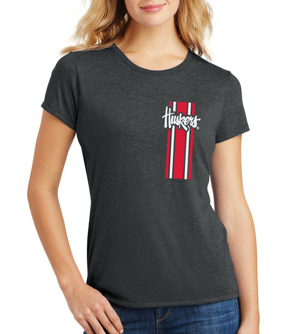 Women's Nebraska Husker Tee Shirt Premium Tri-Blend - Vertical Stripe Script Huskers