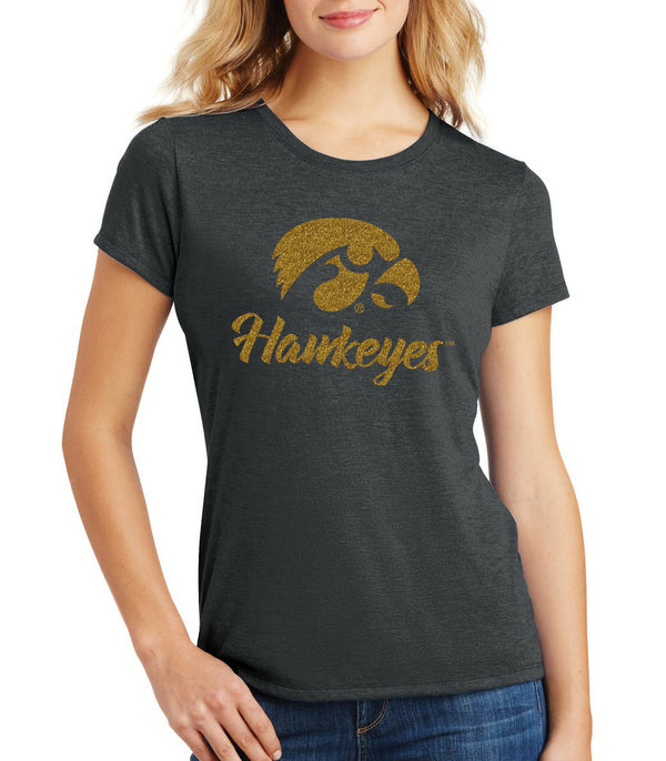 Women's Iowa Hawkeyes Premium Tri-Blend Tee Shirt - Tigerhawk and Script Hawkeyes in Gold Glitter