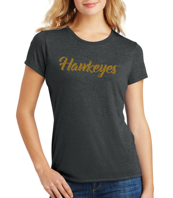 Women's Iowa Hawkeyes Premium Tri-Blend Tee Shirt - Script Hawkeyes in Gold Glitter