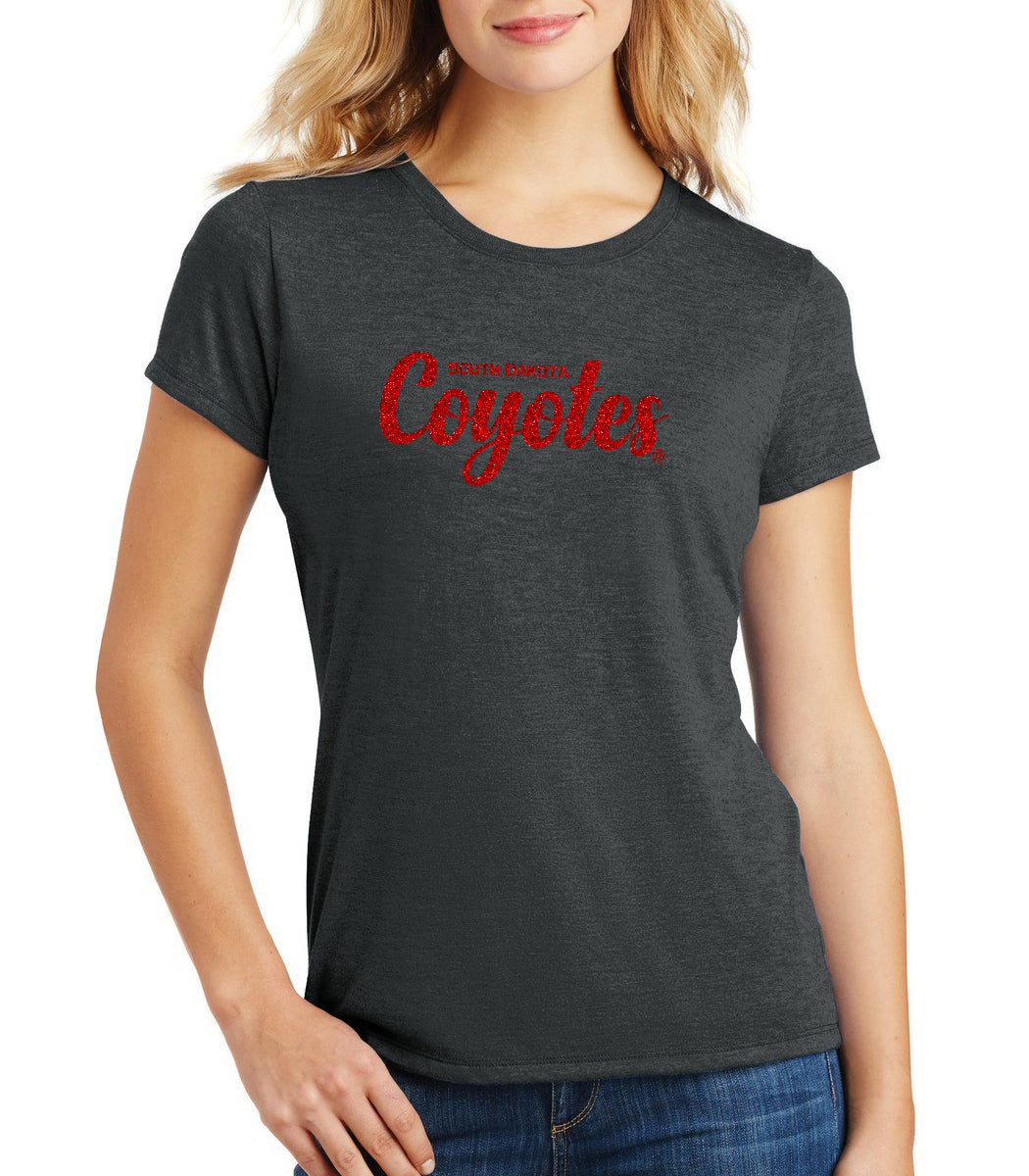 Women's South Dakota Coyotes Premium Tri-Blend Tee Shirt - Red Glitter Script Coyotes