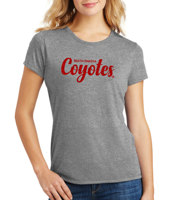 Women's South Dakota Coyotes Premium Tri-Blend Tee Shirt - Red Glitter Script Coyotes