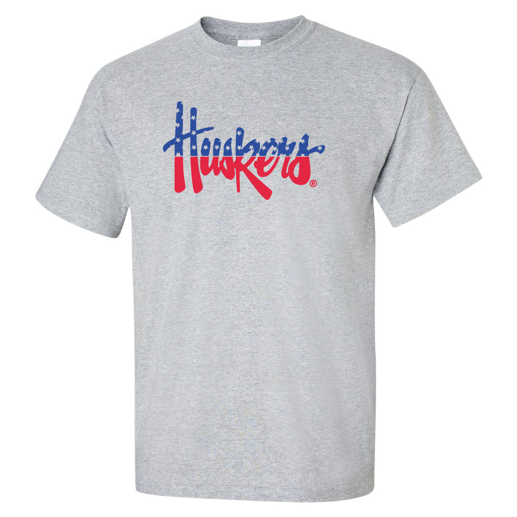 Nebraska Tee Shirt Red White And Blue Script Huskers