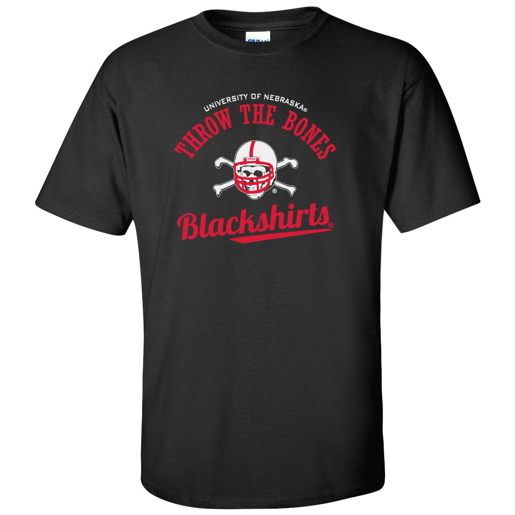Nebraska Husker Tee Shirt - Script Blackshirts THROW THE BONES
