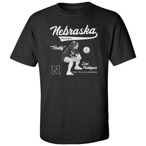 Black CornBorn tshirt featuring Nebraska volleyball libero Lexi Rodriguez Roddy NIL Huskers design