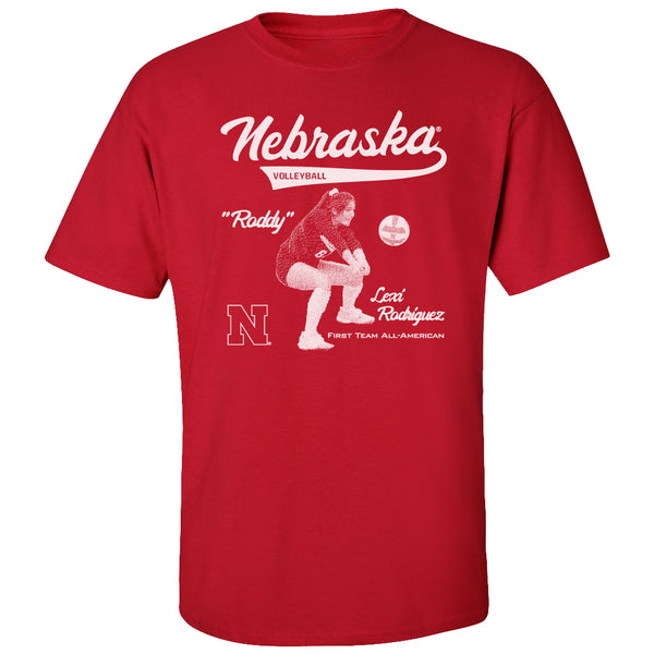 Red CornBorn tshirt featuring Nebraska volleyball libero Lexi Rodriguez Roddy NIL Huskers design