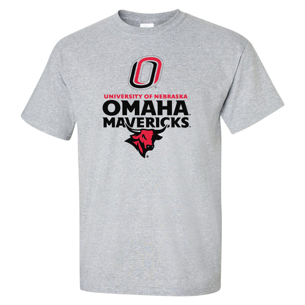 Omaha Mavericks Tee Shirt - Omaha Mavericks with Bull and Primary Logo on Gray
