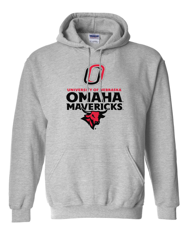 Omaha Mavericks Hooded Sweatshirt - Omaha Mavericks with Bull and Primary Logo on Gray