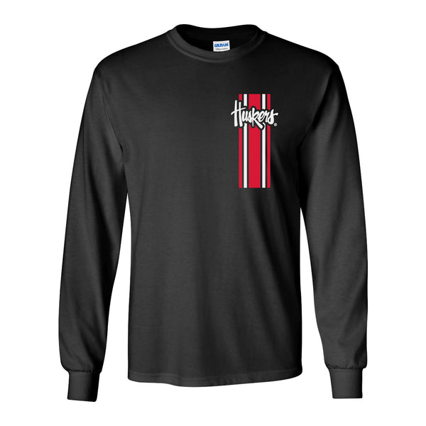 Nebraska Husker Tee Shirt Long Sleeve - Vertical Stripe Script Huskers