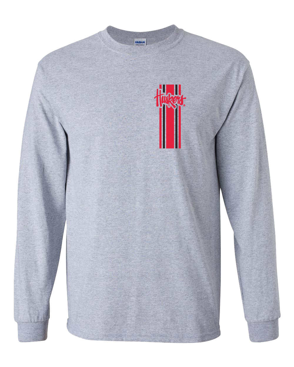 Nebraska Huskers Long Sleeve Tee Shirt - Vertical Stripe Script Huskers