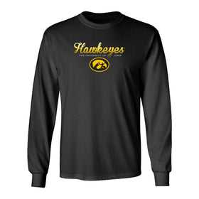 Iowa Hawkeyes Long Sleeve Tee Shirt - Script Hawkeyes Full Color Fade Oval Tigerhawk