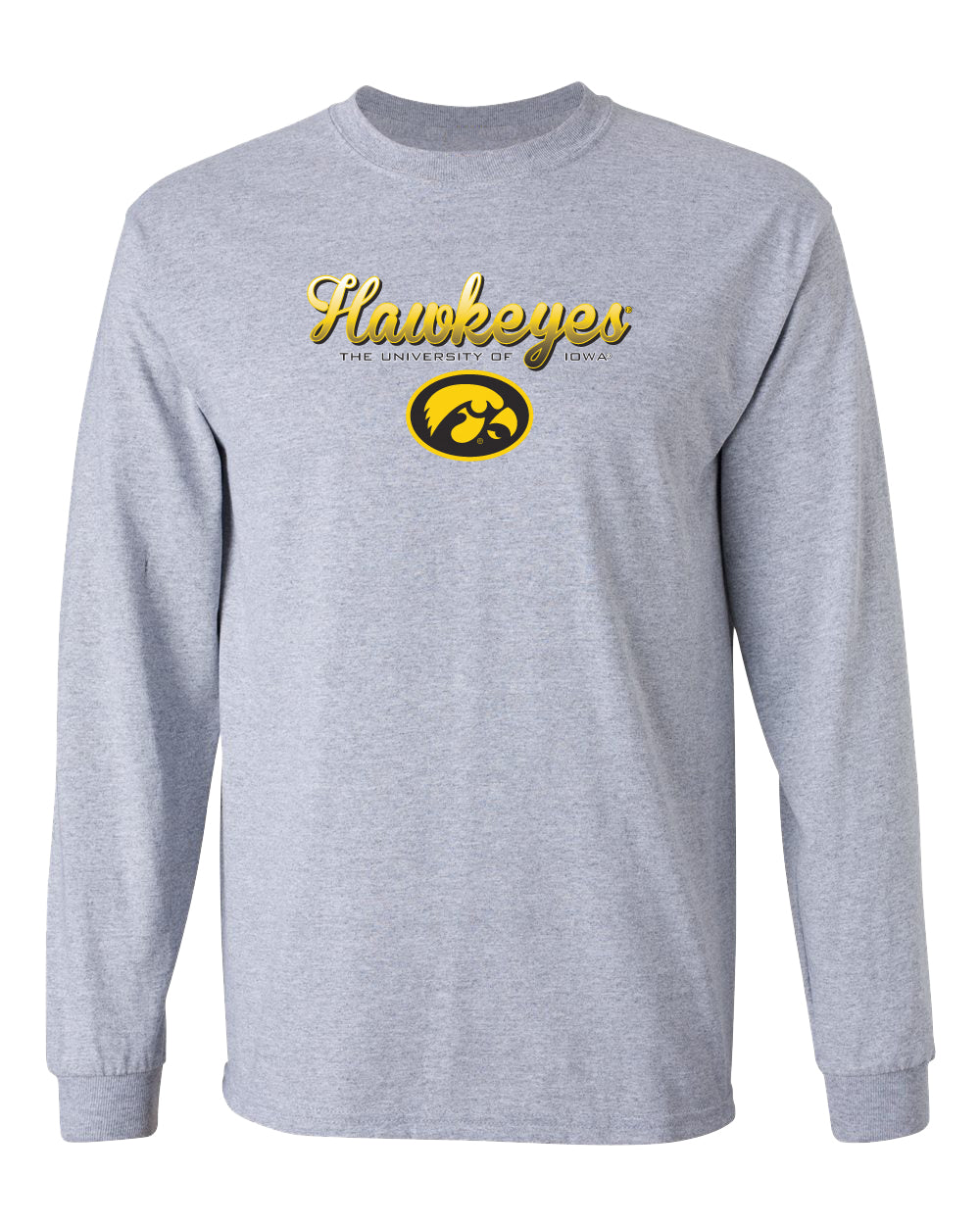 Iowa Hawkeyes Long Sleeve Tee Shirt - Script Hawkeyes Full Color Fade Oval Tigerhawk
