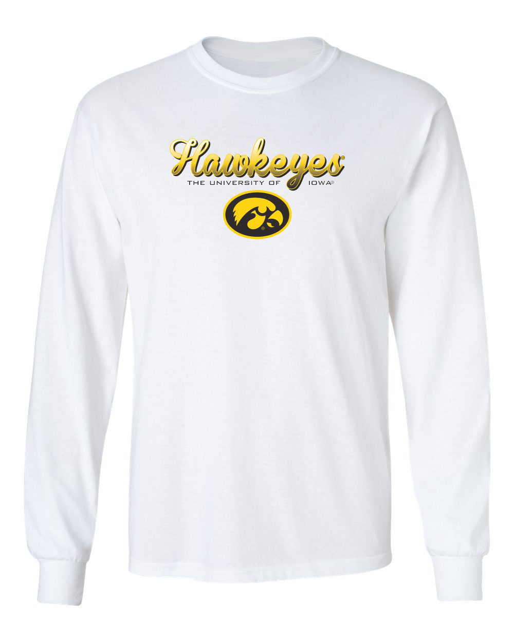 Iowa Hawkeyes Long Sleeve Tee Shirt - Script Hawkeyes Full Color Fade Oval Tigerhawk