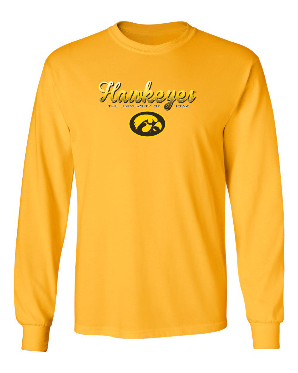 Iowa Hawkeyes Long Sleeve Tee Shirt - Script Hawkeyes Full Color Fade Oval Tigerhawk