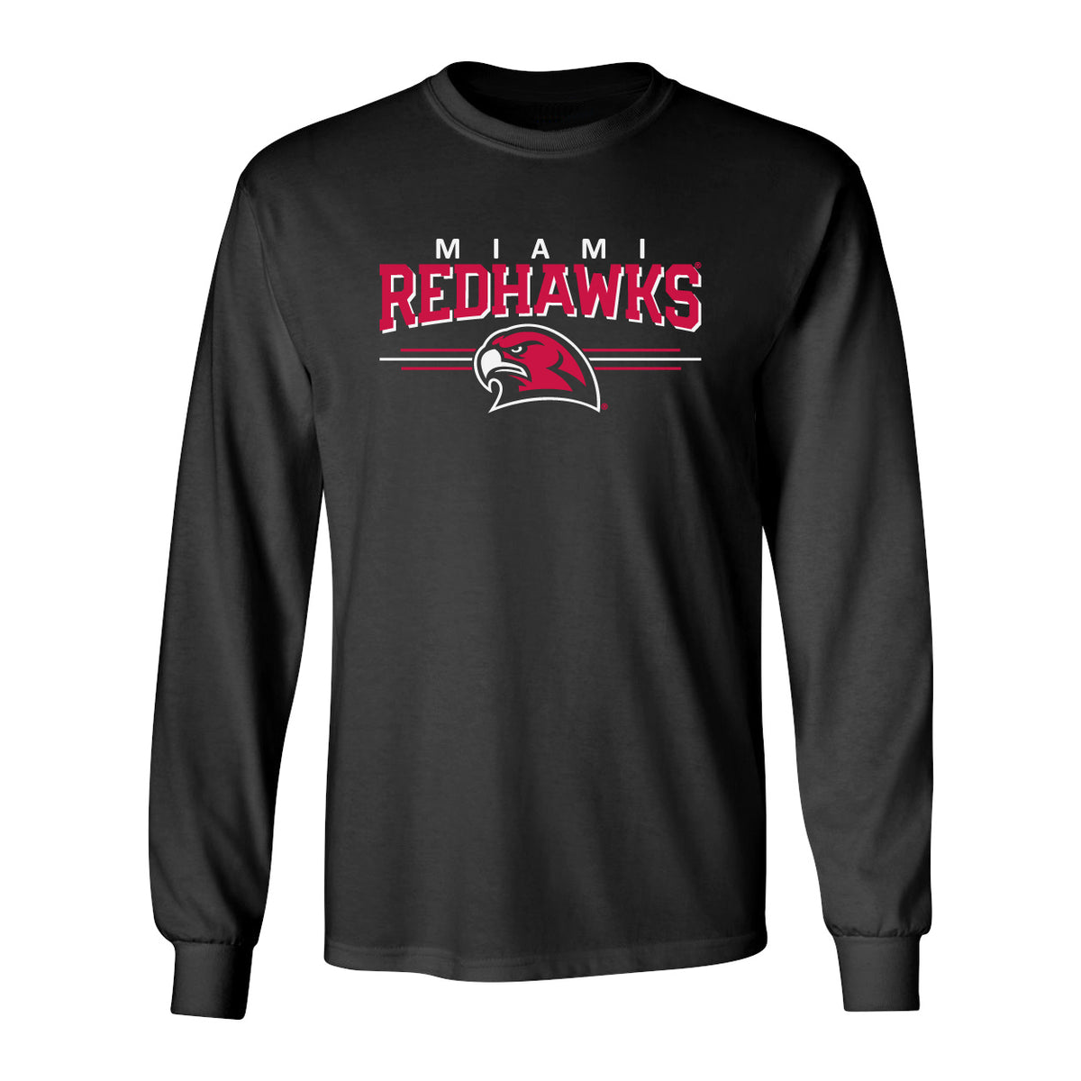 Miami University RedHawks Long Sleeve Tee Shirt - Hawk Head 3-Stripe