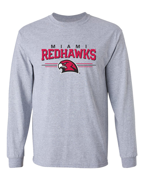 Miami University RedHawks Long Sleeve Tee Shirt - Hawk Head 3-Stripe