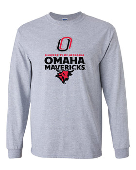 Omaha Mavericks Long Sleeve Tee Shirt - Omaha Mavericks with Bull and Primary Logo on Gray