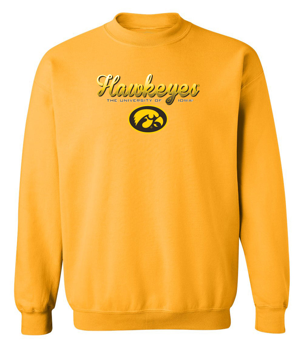 Iowa Hawkeyes Crewneck Sweatshirt - Script Hawkeyes Full Color Fade Oval Tigerhawk