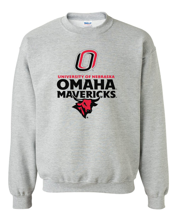 Omaha Mavericks Crewneck Sweatshirt - Omaha Mavericks with Bull and Primary Logo on Gray