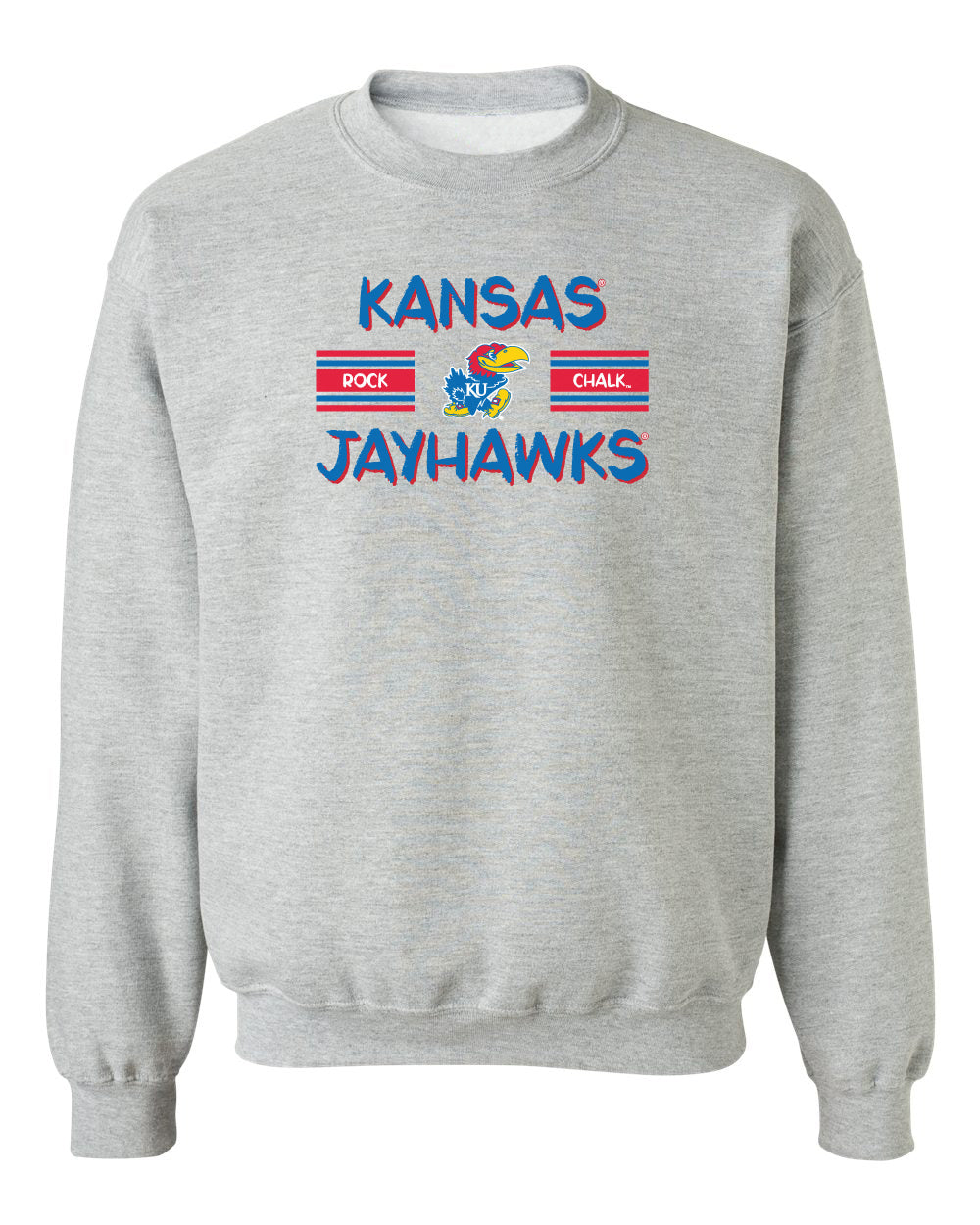 Kansas Jayhawks Crewneck Sweatshirt - Horiz Stripe Rock Chalk