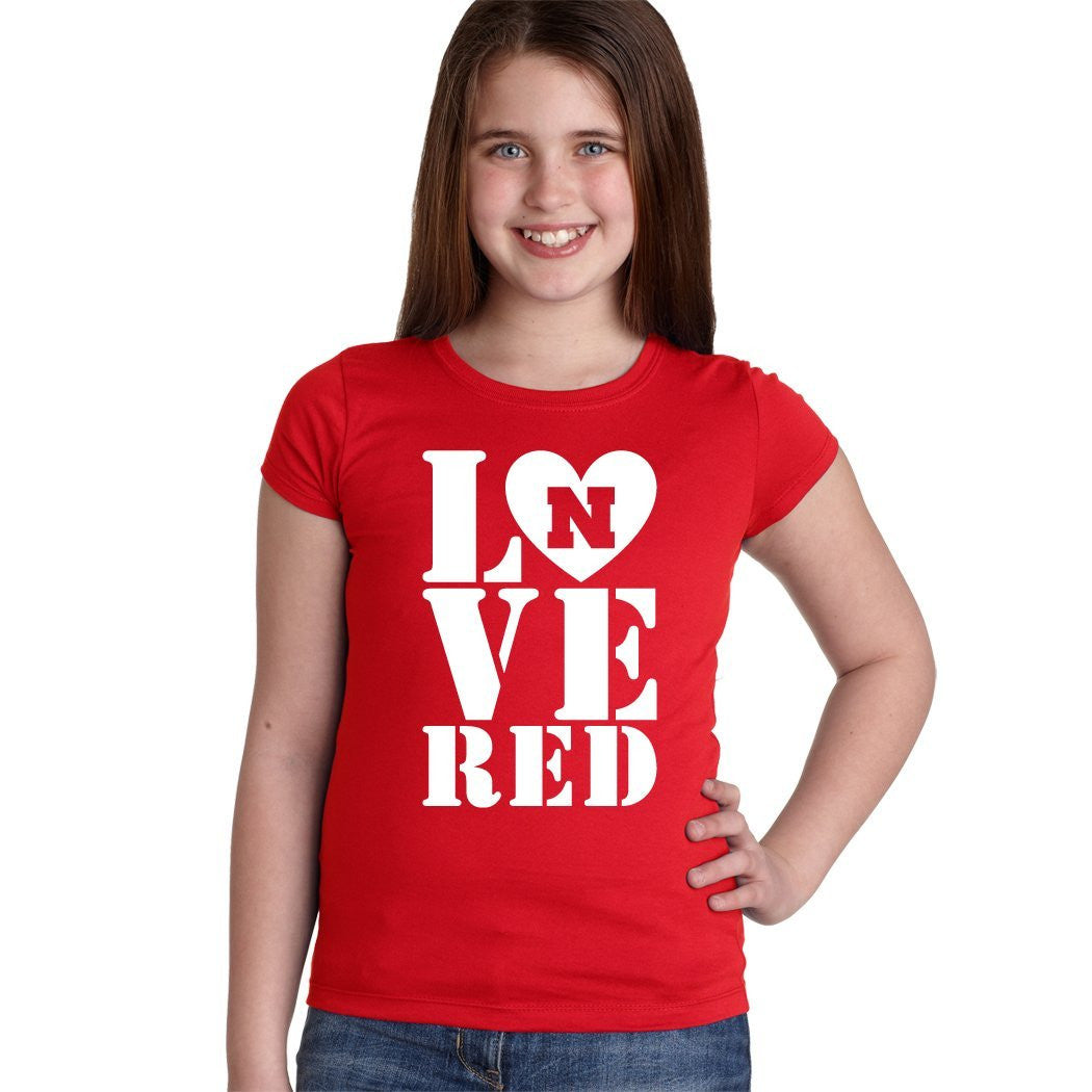 Nebraska Cornhuskers Stacked LOVE N RED Youth Girls Tee Shirt