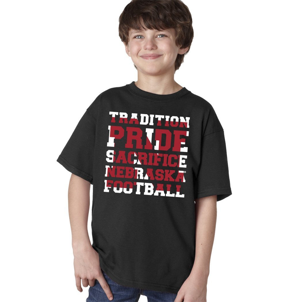 Nebraska Cornhuskers Football "TRADITION PRIDE SACRIFICE" Youth Boys Tee Shirt
