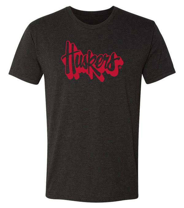 Nebraska Huskers Premium Tri-Blend Tee Shirt - Red Script Huskers Outline